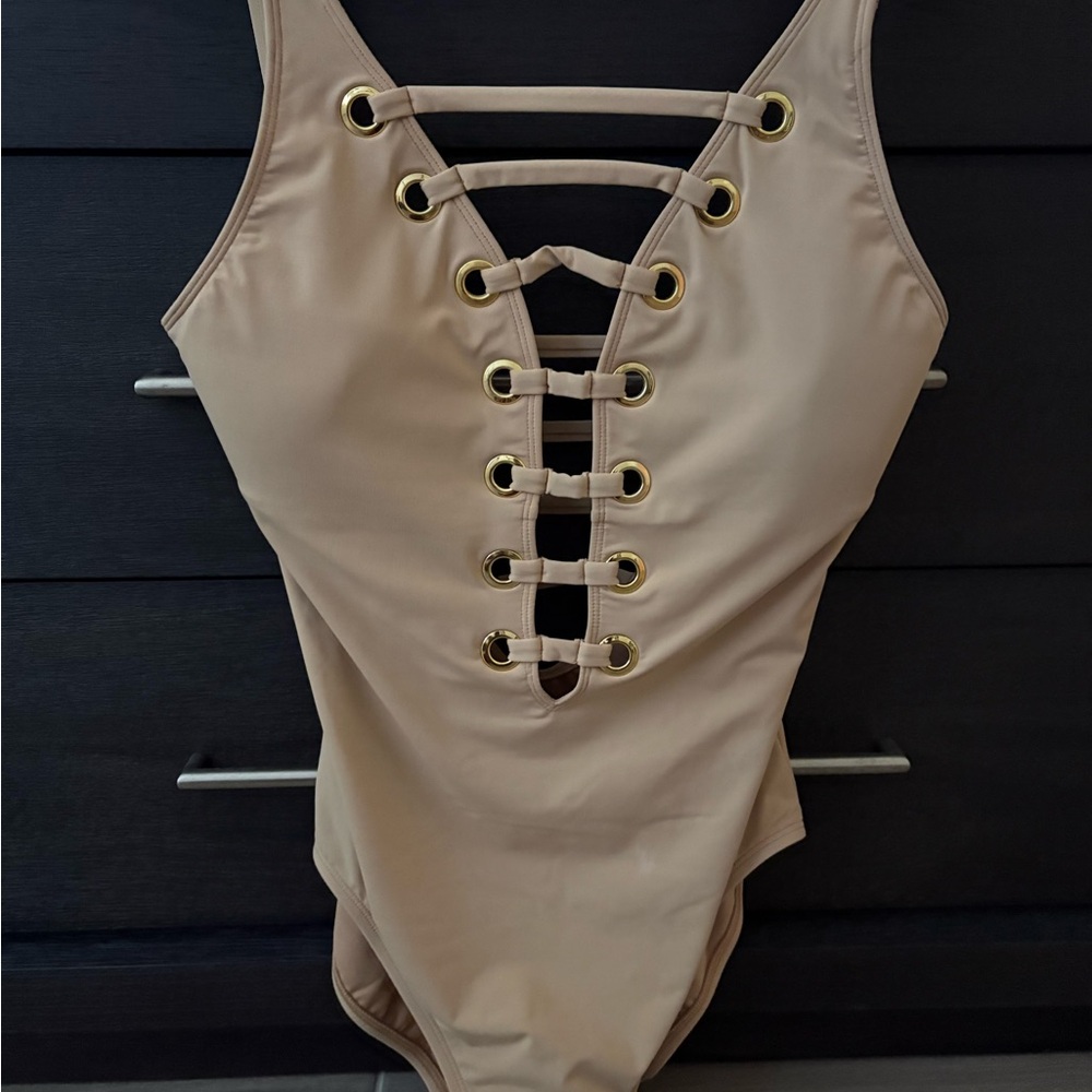 Tan Lace-Up Top with Gold Accents